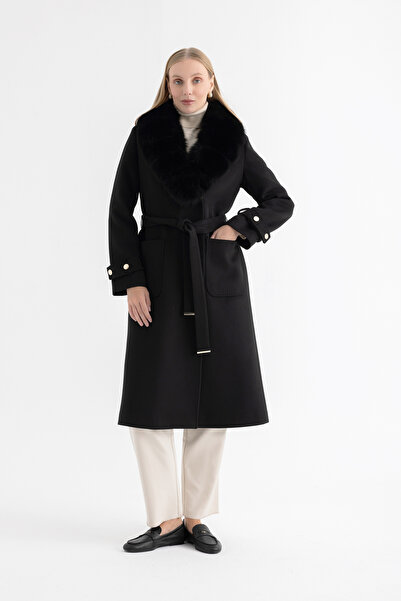 Mia Kara Long Women's Coat with Pocket and Cuff Detail, Fur Collar, 4161 - Black