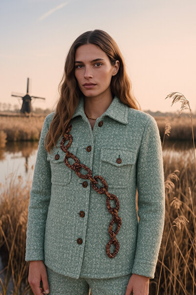 GZ Design Kahverengi Zincir Işlemeli Mint Yeşili Yünlü Kaşe Ceket