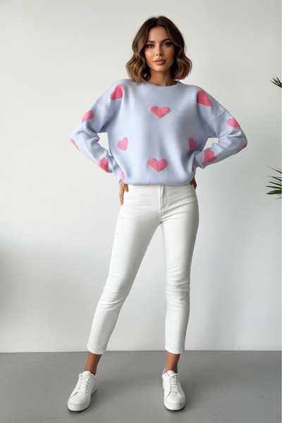 Pienk Women's Knitwear Sweater with Blue Pink Hearts