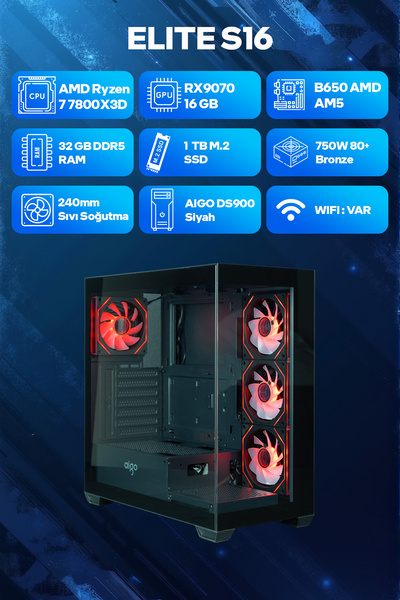 Game Garaj Elite S16 AMD Ryzen 7 7800X3D 32GB RAM 1TB SSD RX9070 16GB 240mm Sıvı Soğutma FreeDOS Oyuncu Tavsiye