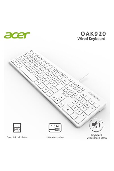 ACER Oak-920 Beyaz Kablosuz Sessiz Tuşlu 2.4ghz Klavye Moue Set Beyaz (MOUSE 1200DPI)