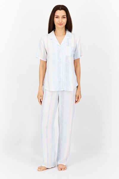 PJ Couture Women 2 Pc Stripe Short Sleeve Pajama Set, White Combo