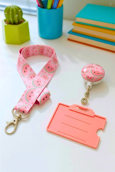 excarpin Pembe Karpuz Desenli Eğlenceli Üçlü Set | Boyun İpi, Yoyo, Kart Kabı