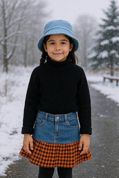 Hilal Akıncı Kids Devojčin crni pleteni džemper, gingham patchwork džins sukn...