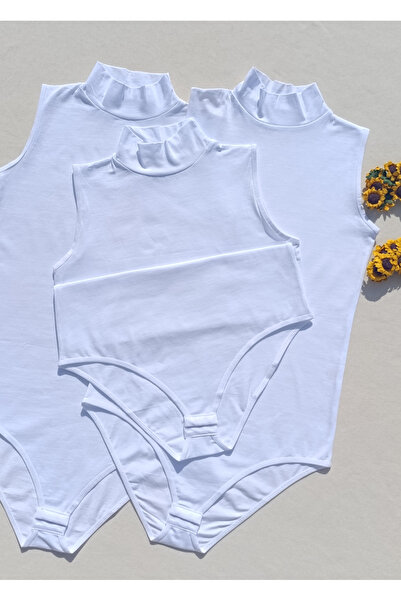 siyalife Zero Sleeve Turtleneck White Snap Fastener 3-Piece Women's Tank-Top Bodysuit