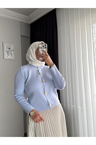 RFK Butik Kadın Etek Üstü Gold Kalp Düğme Detaylı Triko Tesettür Hırka - Bebe Mavisi