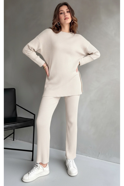 eyyebelle Cotton Ribbed Women's Blouse Trousers Double Set