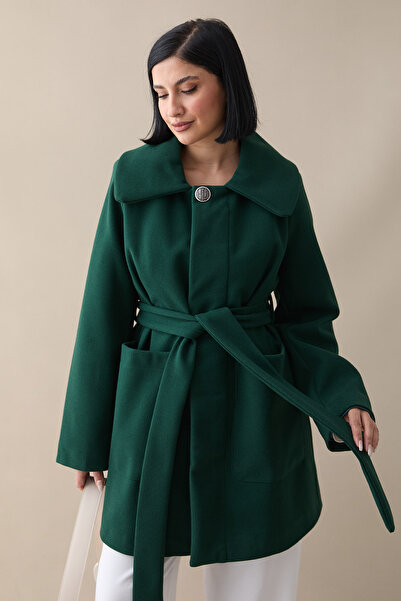 InStyle Button Detailed Lined Emerald Green Short Coat