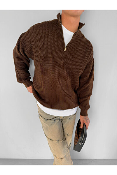 ablukaonline Ανδρικό πουλόβερ με μισό φερμουάρ σε καφέ χρώμα