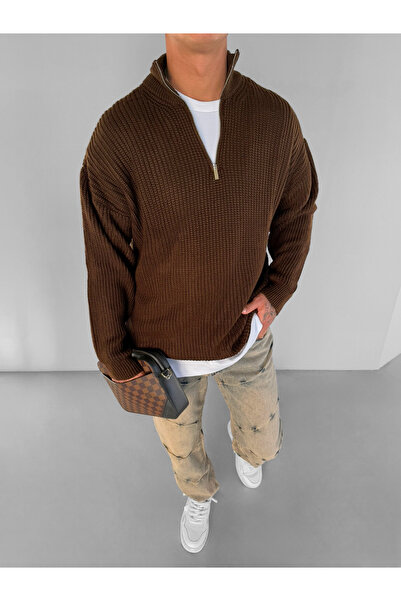ablukaonline Мъжки овърсайз кафяв пуловер с половин цип