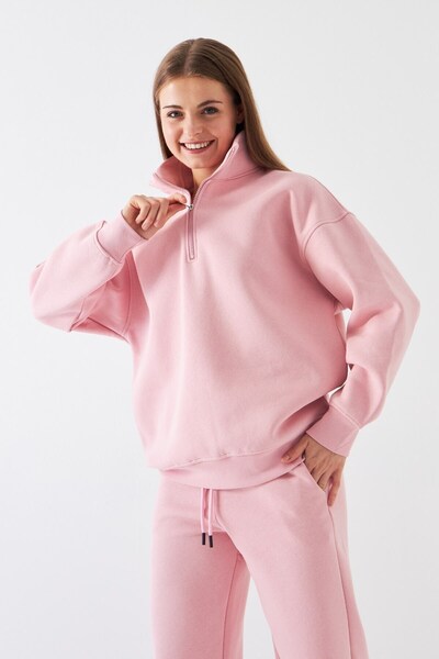 The Champ Clothing Unisex Oversize Φούτερ Βασικό Ροζ – Μισό φερμουάρ με ψηλό γιακά, 3 κλωστές από φλις με ανάλαφρο χρώμα