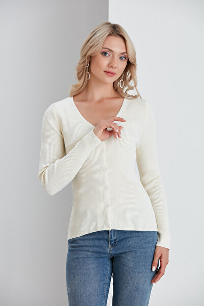 nurneva Subțire material reiat guler rotund - Culoare Ecru