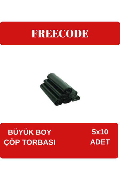 Freecode Standart Büyük Boy Çöp Torbası (10 Adet 65 x 80cm 50lt SİYAH 5 Rulo)