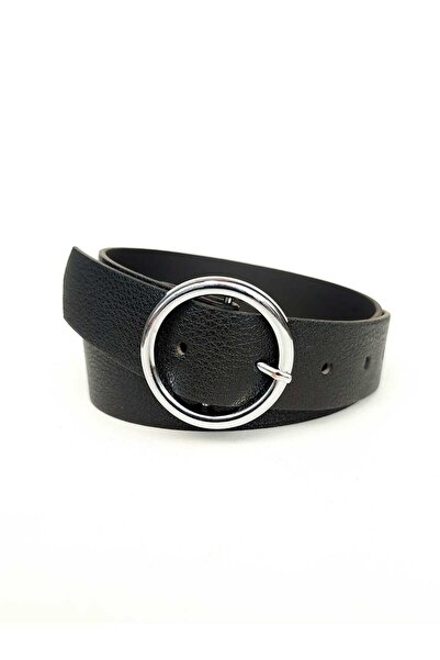 Kemerix Дамски черен колан със сребриста катарама с халка, колан за дънки, ко...