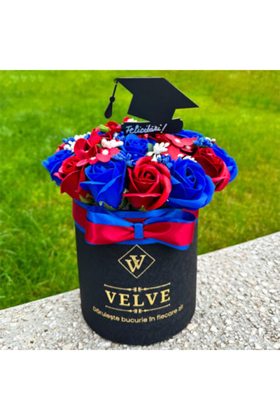 velve Graduation floral arrangement, with soap roses and hydrangeas, Blue