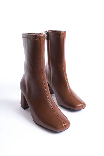 bakacstore Kadın Taba Cilt Orta Boy Önü Kare Topuklu Bot