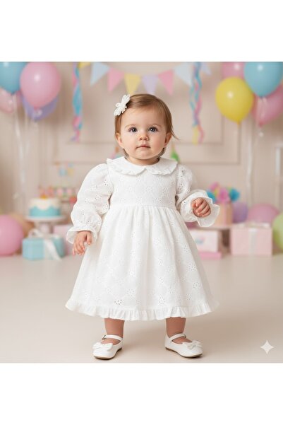 Serackids Rochie albă cu mânecă lungă cu guler festonat pentru fetiță - Jesicca