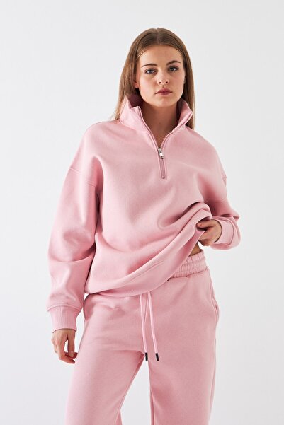 The Champ Clothing Unisex Oversize Φούτερ Βασικό Ροζ – Μισό φερμουάρ με ψηλό γιακά, 3 κλωστές από φλις με ανάλαφρο χρώμα