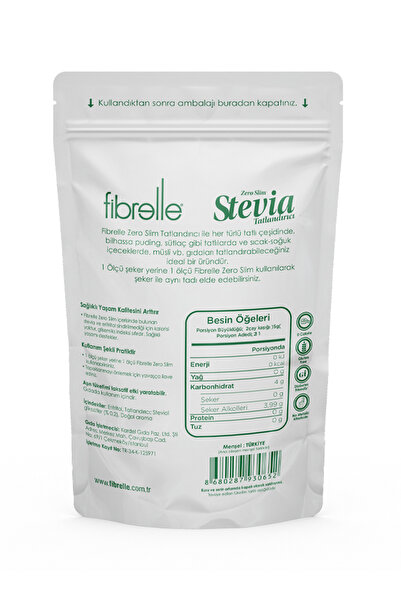 Fibrelle Zero Slim Stevia Toz Tatlandırıcı 400 g - Kalorisiz Şeker Alternatifi / Ketojenik Fit Tatlılık