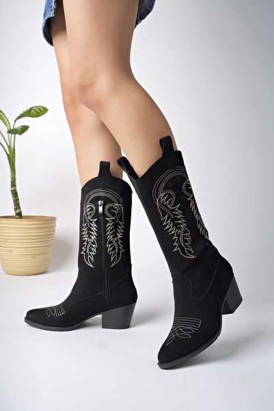 bakac store Siyah Süet Nakışlı Yeni Sezon Kadın Kovboy Çizme