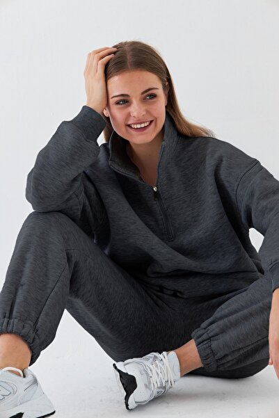 The Champ Clothing Unisex Oversize Sweatshirt Basic Smoked Melange – Ψηλός γιακάς με μισό φερμουάρ, 3 κλωστές από φλις με ανάλαφρο χρώμα