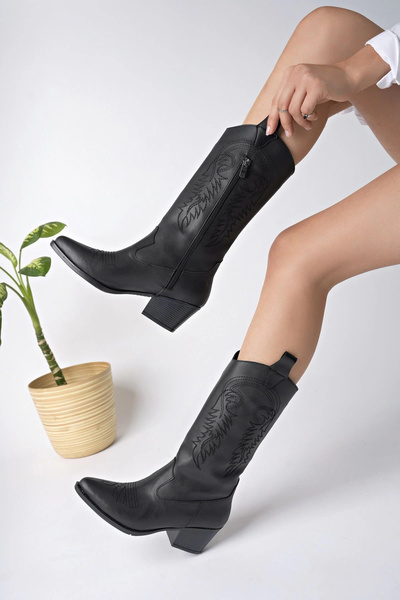 bakacstore Kadın Siyah Deri Nakışlı Yeni Sezon Kovboy Çizme