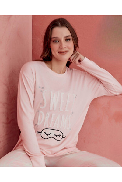 ELİTOL KADIN BASKI DETAYLI UZUN KOLLU LİKRALI PİJAMA TAKIM