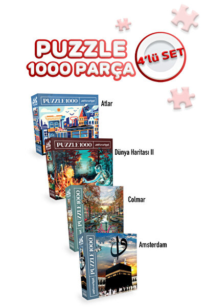 Neverland 4 Adet 1000 Parça Puzzle - Amsterdam / İstanbul / Kutsal Kabe / Ateş ve Su