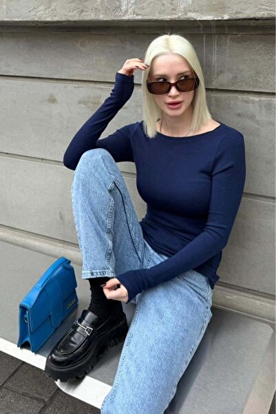 Seeh Синій боді з довгими рукавами та круглим вирізом SH322