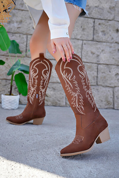 bakacstore Cizme de cowboy lungi pentru femei occidentale, din piele intoarsa, brodate, cu fermoar