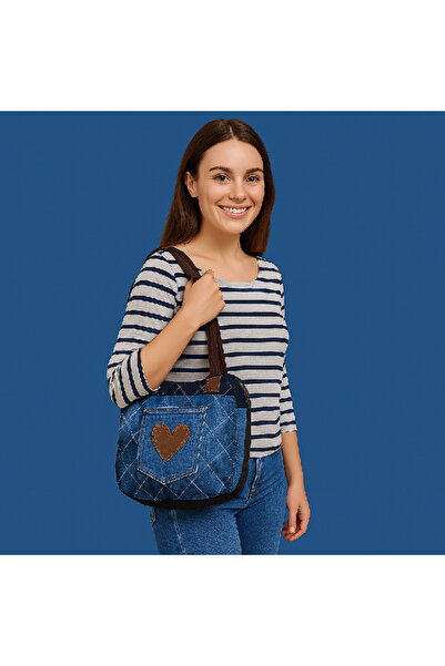 Lucille Craftshop Geantă de umăr din denim cu detalii din piele