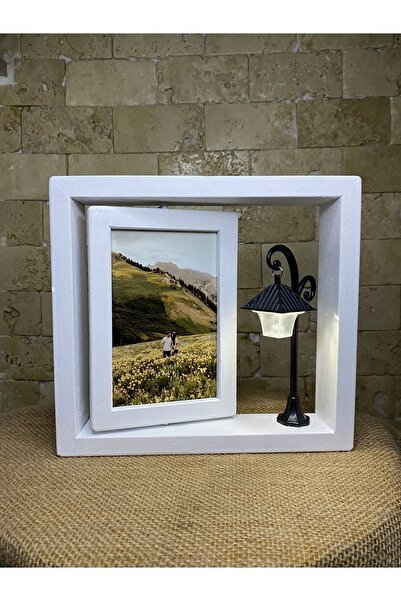 AHŞAPTAN SANAT Ramă foto rotativă din lemn alb, design cu lampă stradală