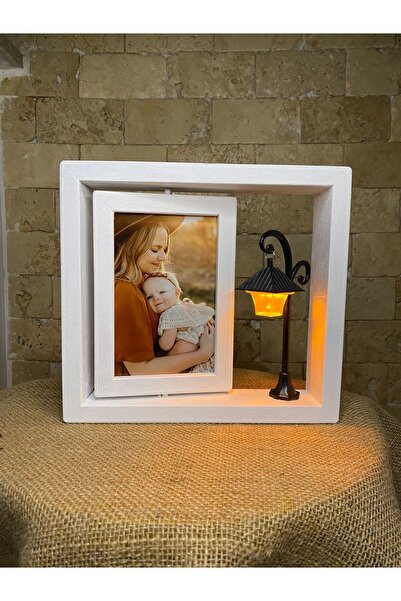 AHŞAPTAN SANAT Ramă foto rotativă din lemn alb, design cu lampă stradală