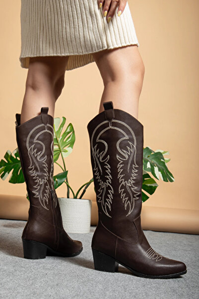 bakacstore Γυναικείες δυτικές κεντημένες καφέ μακριές καουμπόικες μπότες με φερμουάρ