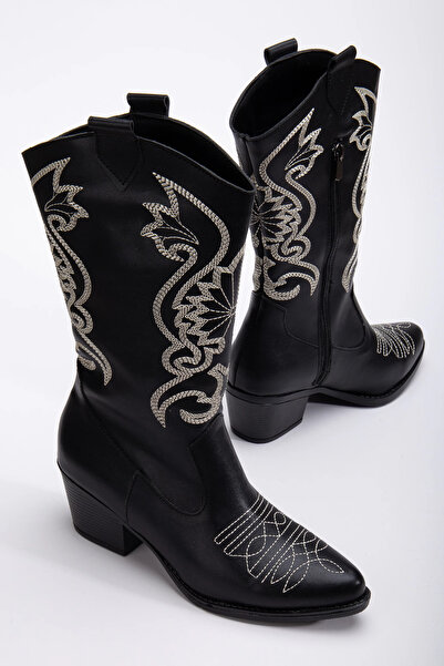 bakacstore Kadın Siyah Beyaz Deri Özel Nakış Fermuar Detaylı Kovboy Çizme
