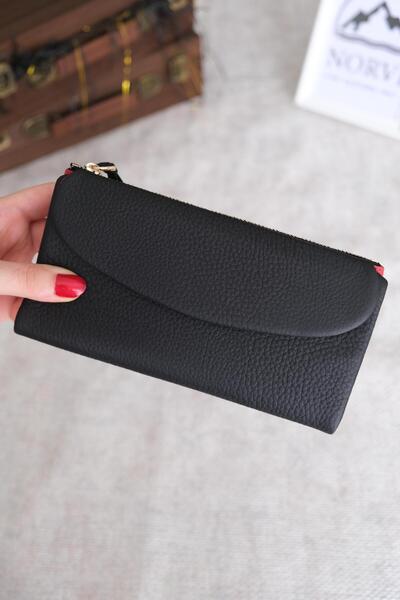 Norvi Leather محفظة نسائية من الجلد الطبيعي مع حجرة للهاتف أسود أحمر 1055