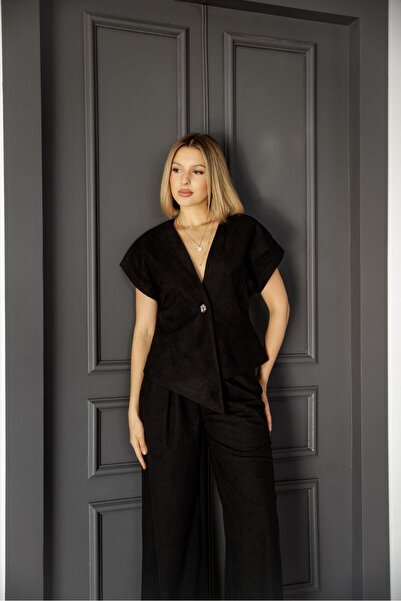 EsSo butik Women's Corduroy V-Neck Short-Sleeved Asymmetrical Blouse Vest