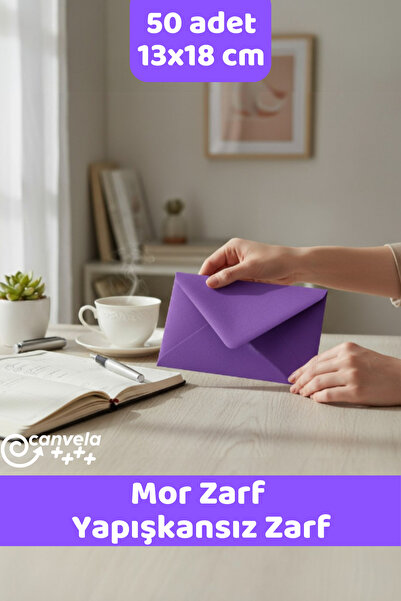 İstisna 50 Adet 13x18 Cm Mor Zarf Davetiye Lüks Tebrik Kartı Mektup Mühür Cüz...