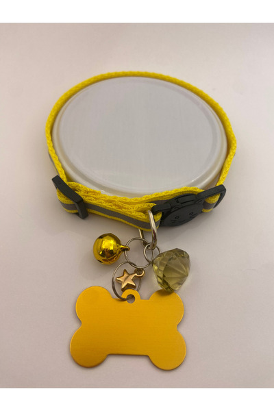 Store Sarı Reflektörlü Güvenlik Kilitli Kedi Tasması, Köpek Tasması İsimlikli...