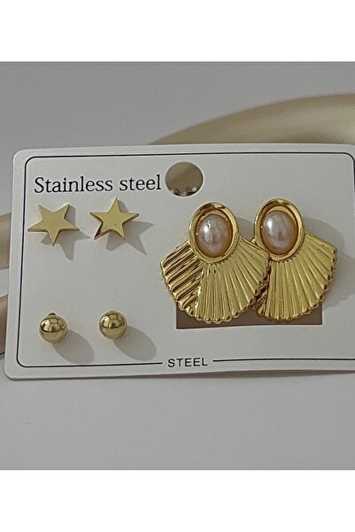 Goche New Women's Gold Color Steel Earrings Set - Star, Top Model and Shell Design with Pearls 3-Piece Earrings Set