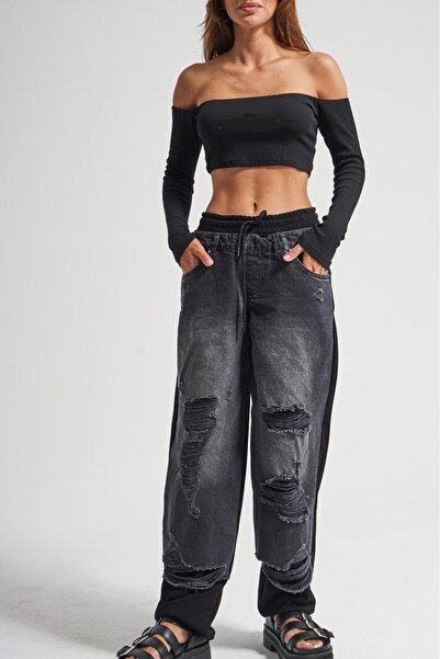 MADAME MELEK Női Tint Khaki lézeres részletes Skater Jogger Fit Denim Jogger Farmer nadrág táskás modell