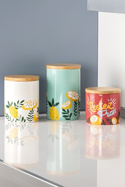 color house 3'lü Limon Motifli Seramik Kavanoz Set Şekerlik Çay Kahve Saklama...