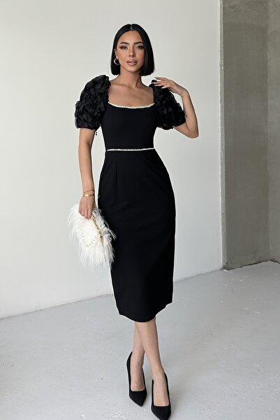 ALFUDO Moda Collection Özel Tasarım İnci Detaylı Balon Kol Abiye Siyah Elbise