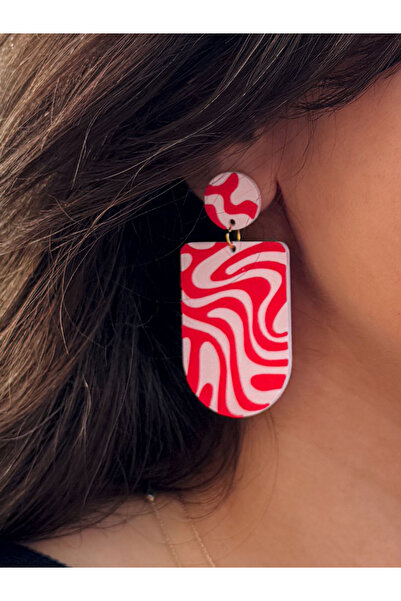 DECOROMA Kırmızı Pembe Dalga Desenli Modern Özel Tasarım Küpe