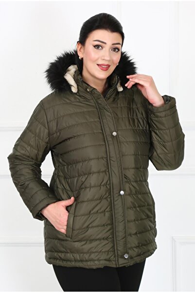 By Alba Collection Γυναικείο μάλλινο παλτό χακί με σγουρό χνουδωτό εσωτερικό