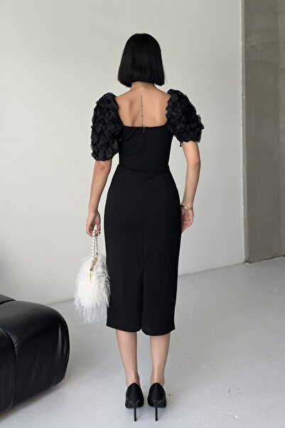 ALFUDO Moda Collection Özel Tasarım İnci Detaylı Balon Kol Abiye Siyah Elbise