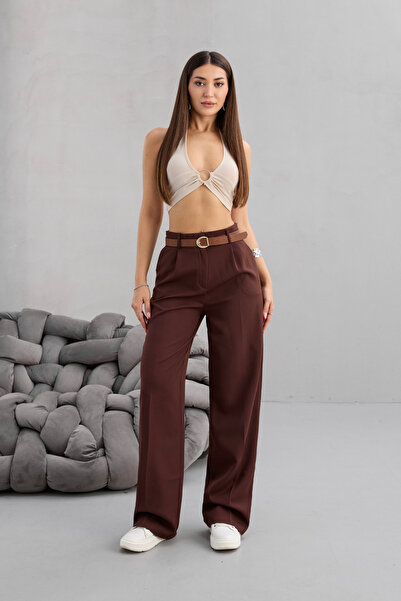 BİKELİFE Women's High Waist Belt Detailed Elastic Waist Loose Palazzo Fabric Trousers