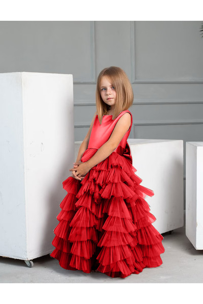 Asel Kids KIZ ÇOCUK TASARIM UZUN KIRMIZI ABİYE ELBİSE