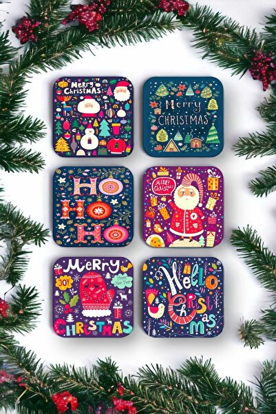 Happy New Year - New Year - Merry - Christmas - Christmas Themed Wood Coaster Set 6pcs