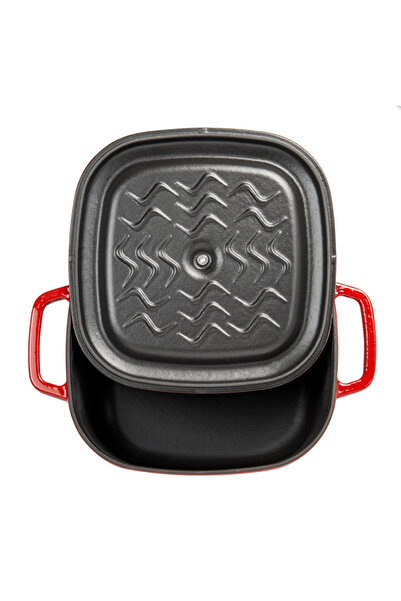 Sürel Aroma Kapak Kırmızı Kare Sığ Döküm Tencere 26x26